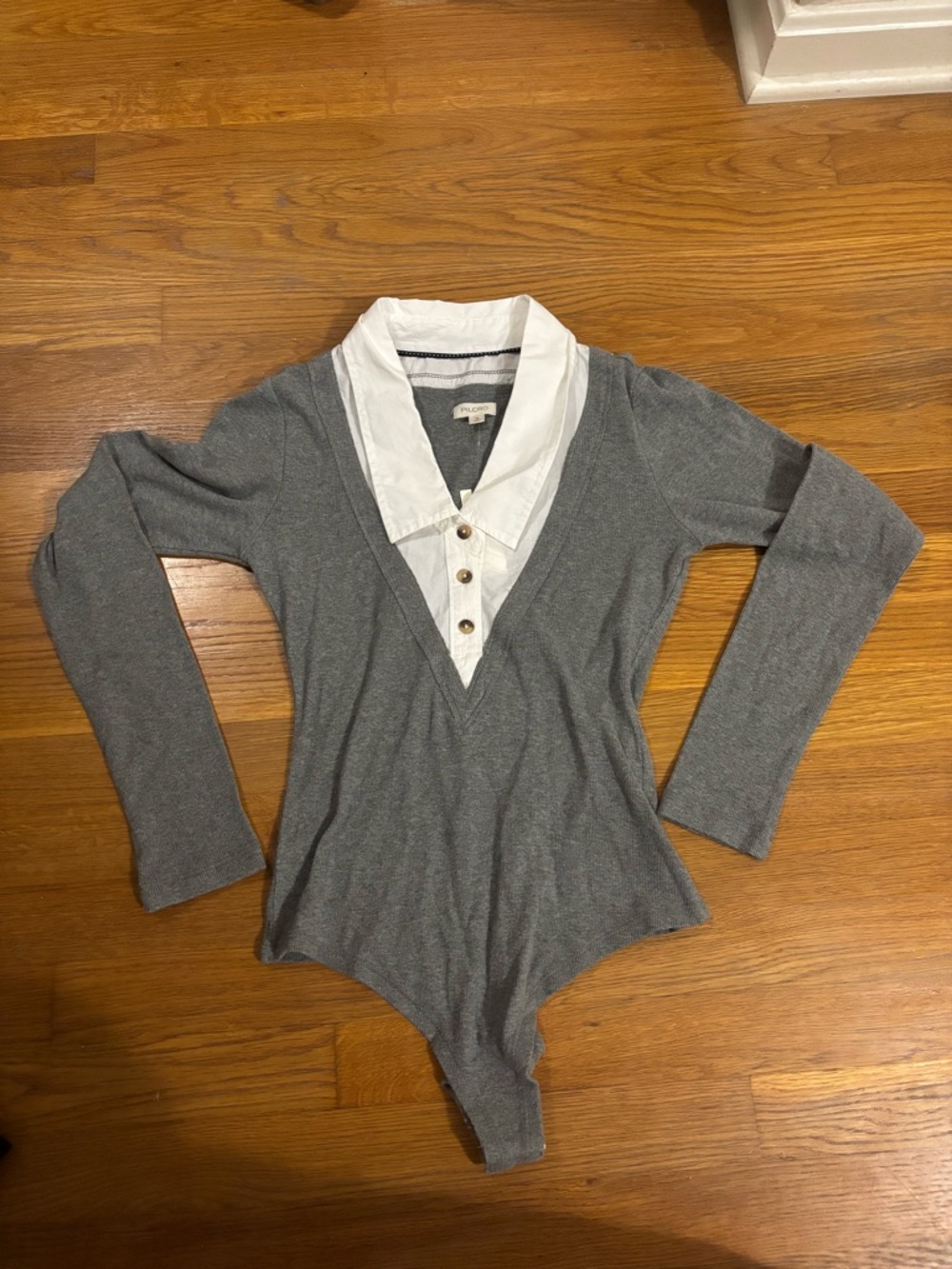 Pilcro Gray Bodysuit with White Shirt Collar